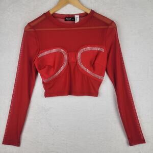Grunge Jrs S Crop Sheer Mesh Pullover Long Sleeve Red Bling Decor Club Party Top